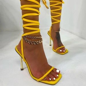 Yellow Lace Up Stiletto Heels.